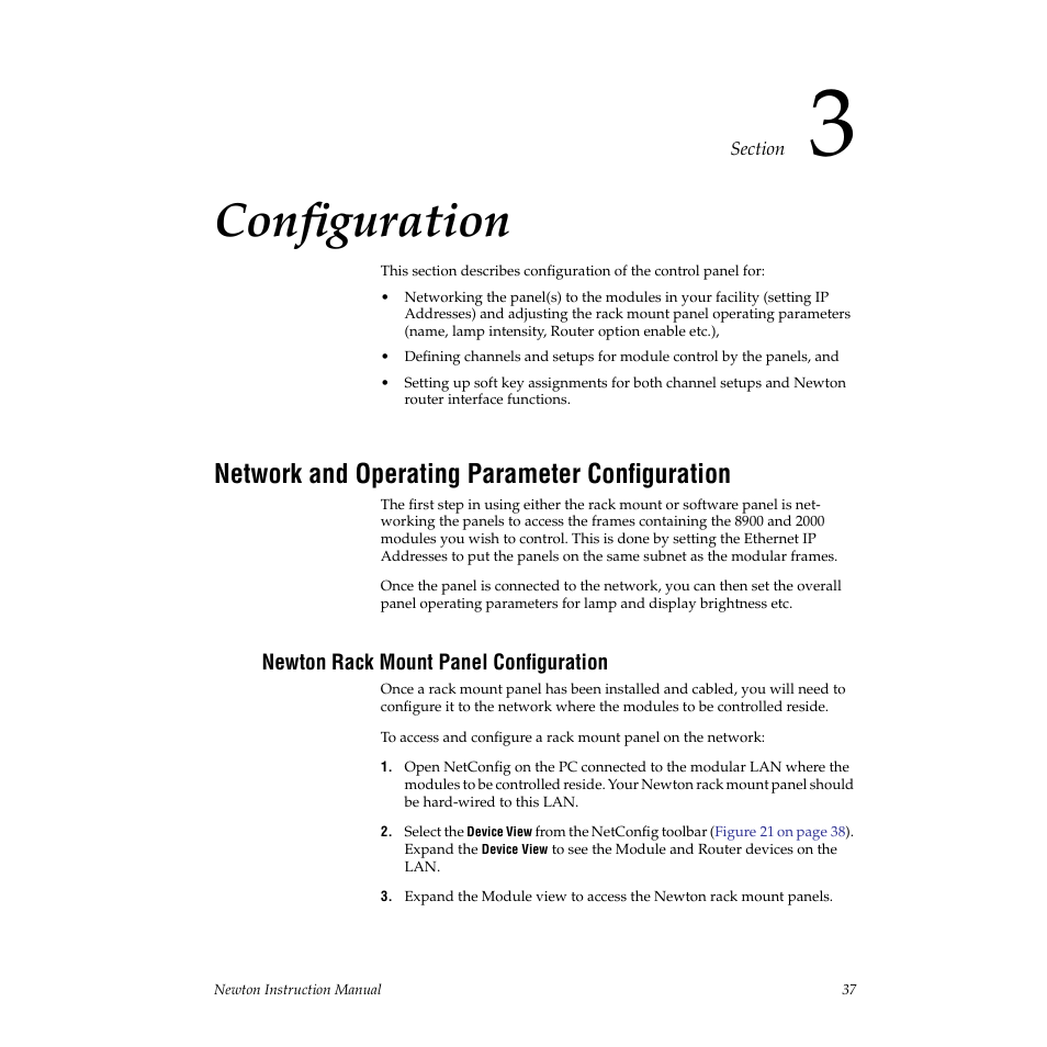 Configuration, Network and operating parameter configuration, Newton rack mount panel configuration | Section 3 — configuration, Section 3-configuration, For complete details on config, Conþguration | Grass Valley Newton Modular Control System v.2.0 User Manual | Page 37 / 118
