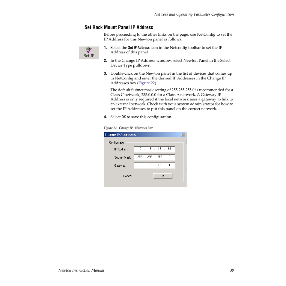 Set rack mount panel ip address | Grass Valley Newton Modular Control System v.2.0 User Manual | Page 39 / 118