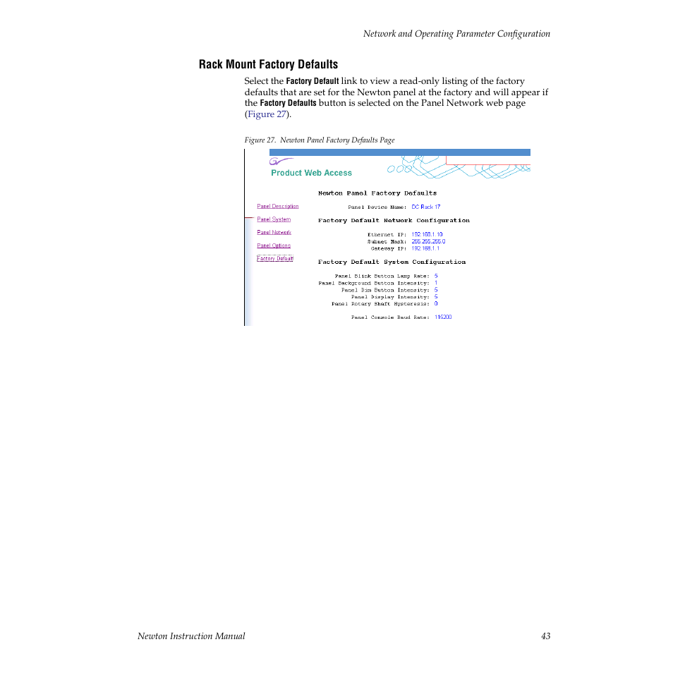 Rack mount factory defaults | Grass Valley Newton Modular Control System v.2.0 User Manual | Page 43 / 118