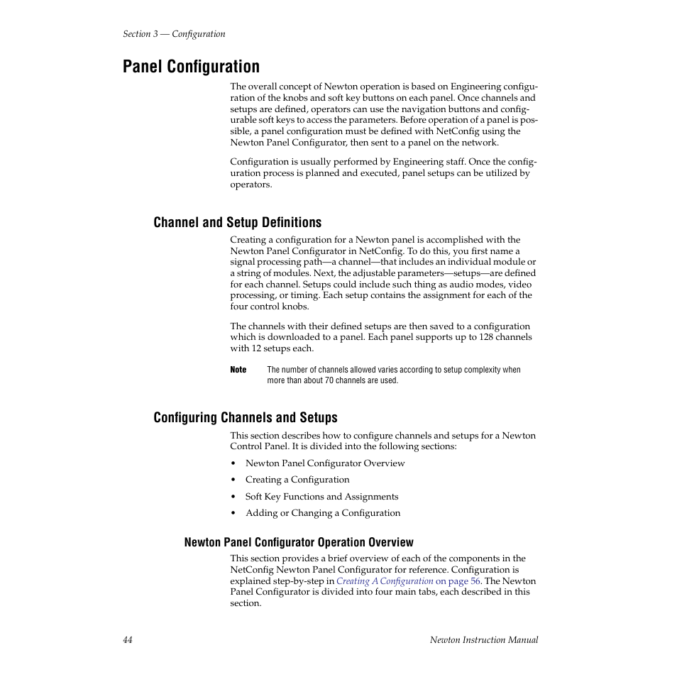 Panel configuration, Channel and setup definitions, Configuring channels and setups | Newton panel configurator operation overview | Grass Valley Newton Modular Control System v.2.0 User Manual | Page 44 / 118