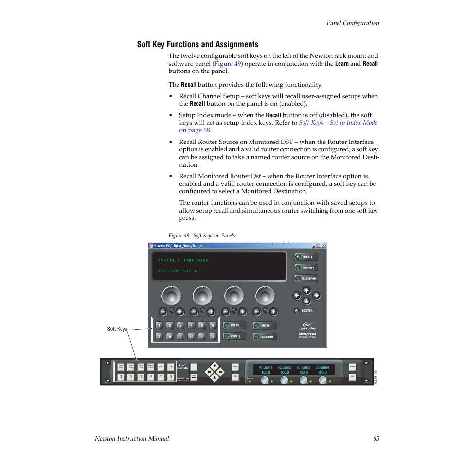 Soft key functions and assignments, Soft key, For a mor | Newton instruction manual 65 panel configuration, Buttons on the panel. the | Grass Valley Newton Modular Control System v.2.0 User Manual | Page 65 / 118