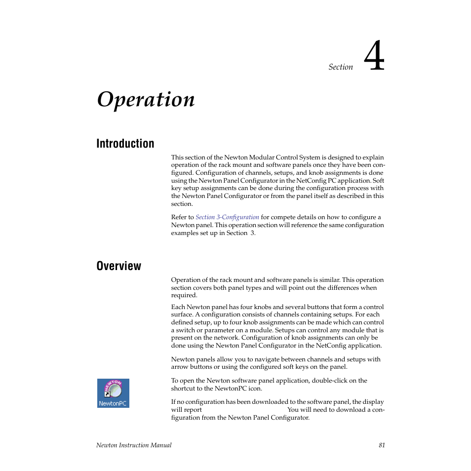 Operation, Introduction, Overview | Section 4 — operation | Grass Valley Newton Modular Control System v.2.0 User Manual | Page 81 / 118