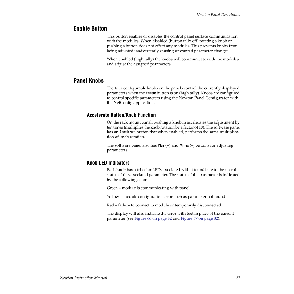 Enable button, Panel knobs, Accelerate button/knob function | Knob led indicators | Grass Valley Newton Modular Control System v.2.0 User Manual | Page 83 / 118