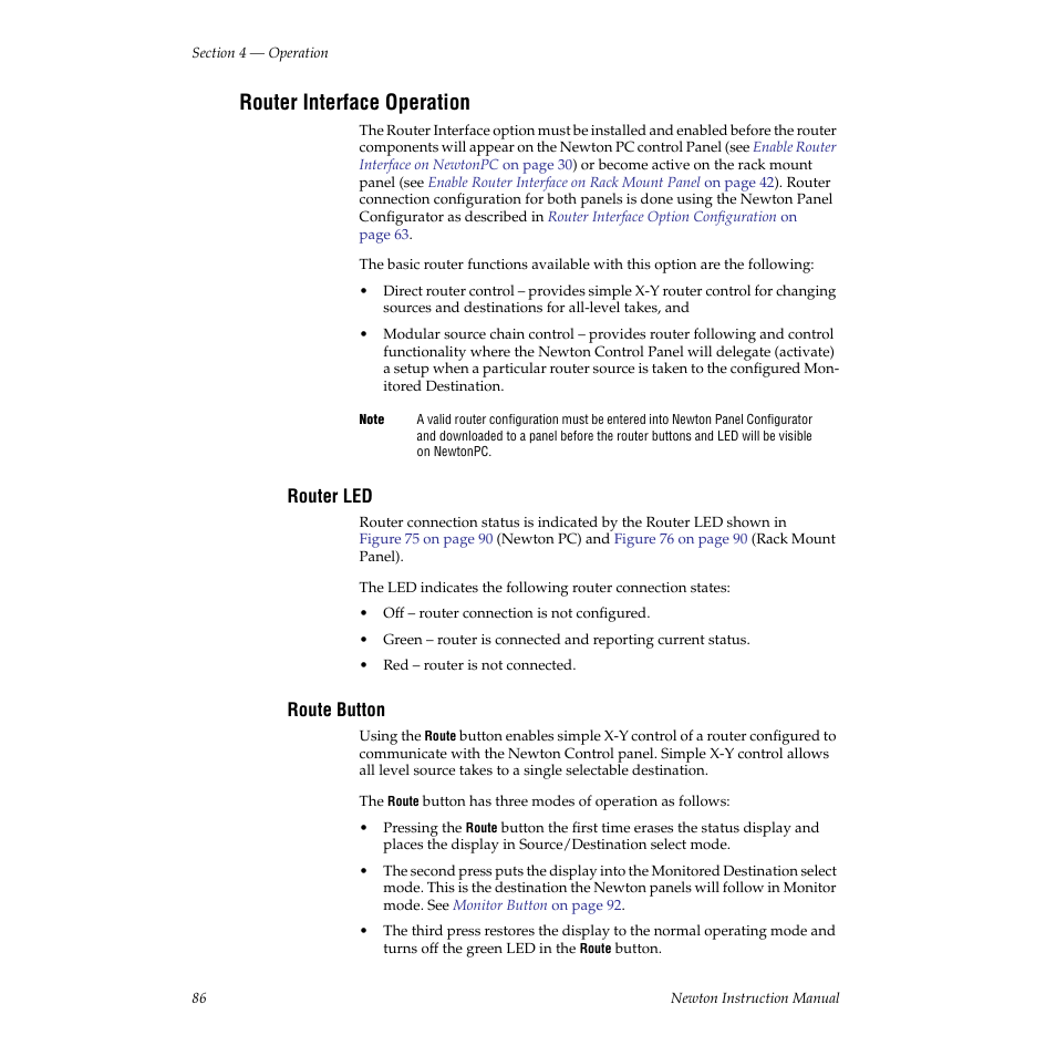 Router interface operation, Router led, Route button | Grass Valley Newton Modular Control System v.2.0 User Manual | Page 86 / 118