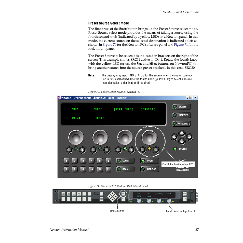Preset source select mode, The first press of the | Grass Valley Newton Modular Control System v.2.0 User Manual | Page 87 / 118