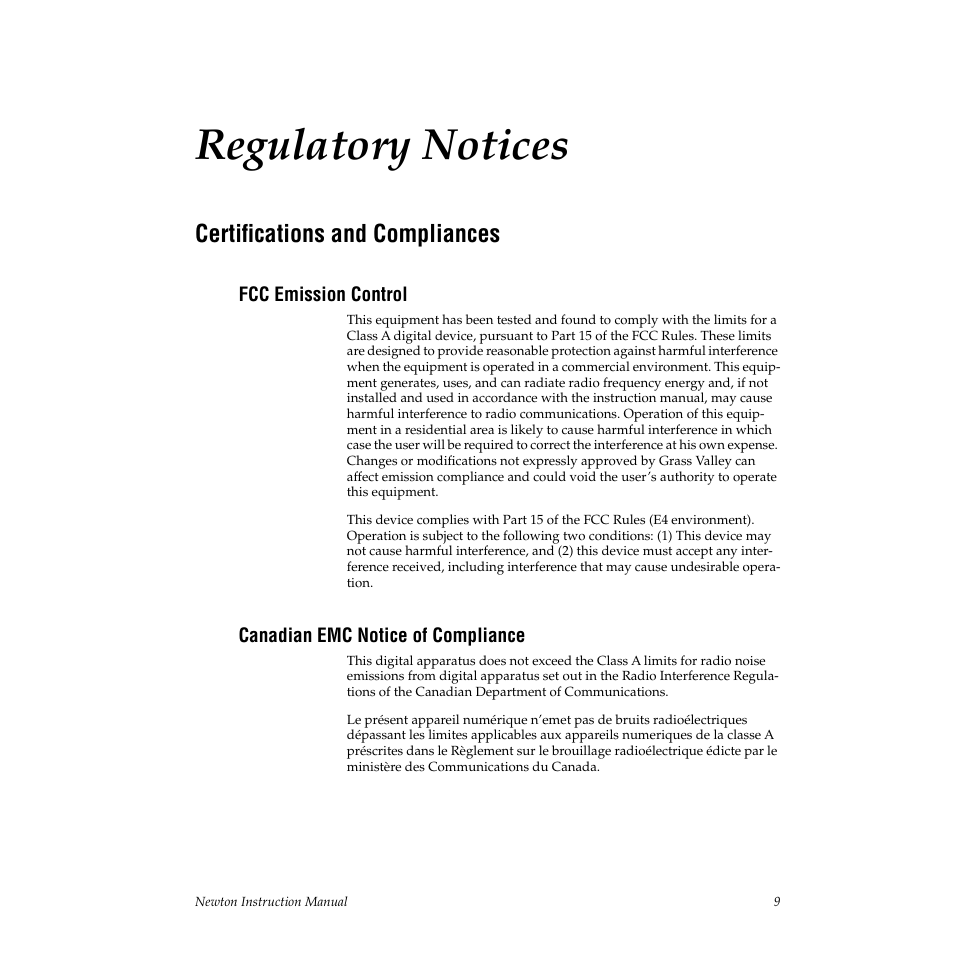Certifications and compliances, Fcc emission control, Canadian emc notice of compliance | Regulatory notices | Grass Valley Newton Modular Control System v.2.0 User Manual | Page 9 / 118