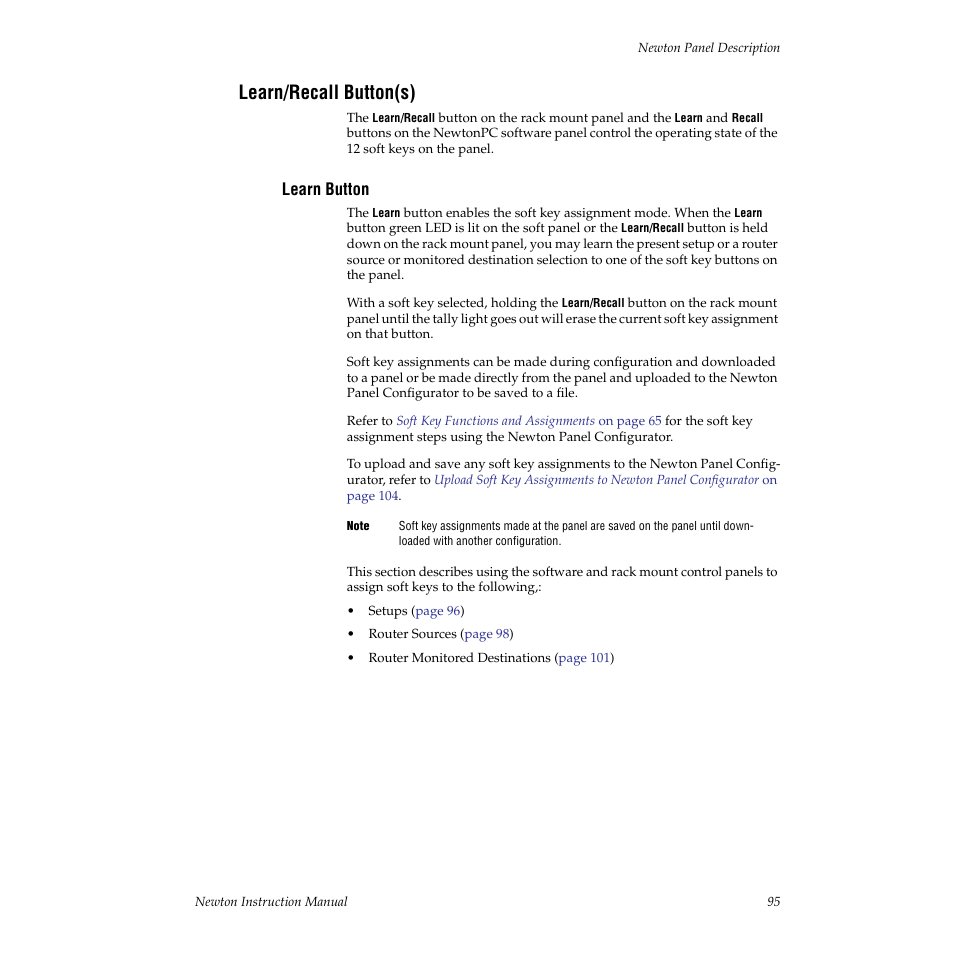Learn/recall button(s), Learn button | Grass Valley Newton Modular Control System v.2.0 User Manual | Page 95 / 118