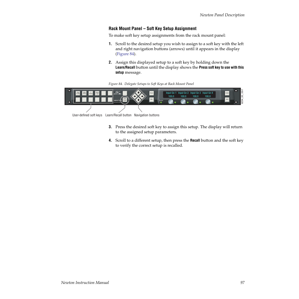 Rack mount panel – soft key setup assignment, Button until the display shows the, Message | Scroll to a different setup, then press the | Grass Valley Newton Modular Control System v.2.0 User Manual | Page 97 / 118