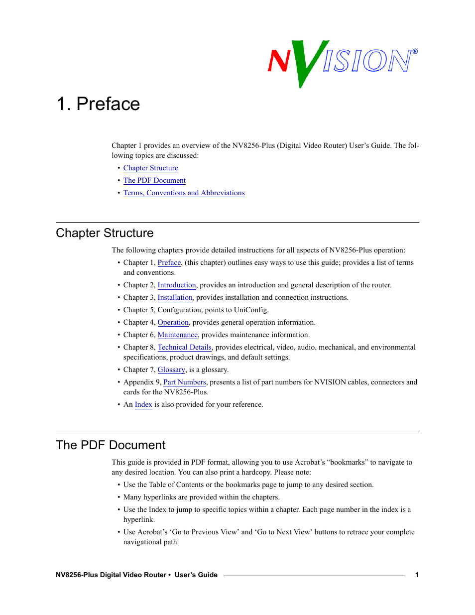 Preface, Chapter structure, The pdf document | Chapter 1, Chapter structure the pdf document | Grass Valley NV8256-Plus v.1.2 User Manual | Page 11 / 90