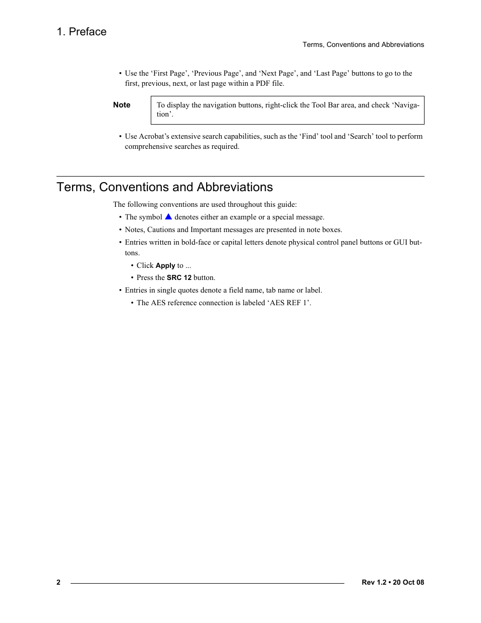 Terms, conventions and abbreviations, Preface | Grass Valley NV8256-Plus v.1.2 User Manual | Page 12 / 90