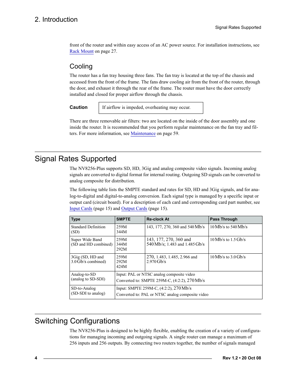 Cooling, Signal rates supported, Switching configurations | Signal rates supported switching configurations, Introduction | Grass Valley NV8256-Plus v.1.2 User Manual | Page 14 / 90