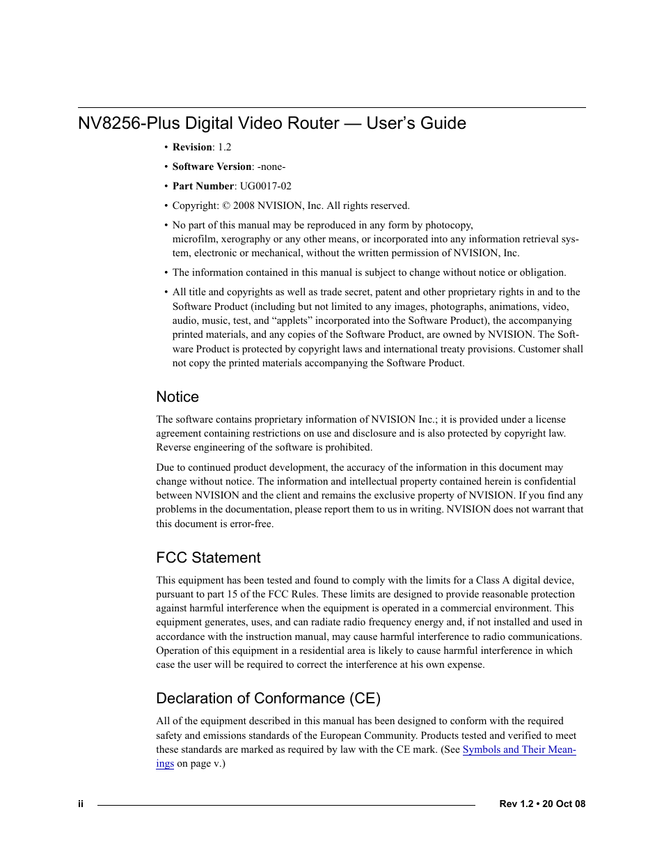 Nv8256-plus digital video router — user’s guide, Notice, Fcc statement | Declaration of conformance (ce) | Grass Valley NV8256-Plus v.1.2 User Manual | Page 2 / 90