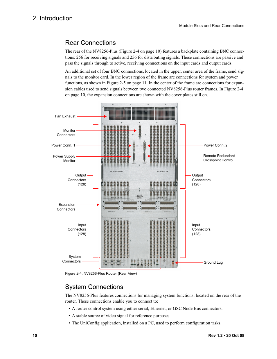 Rear connections, System connections, Rear connections system connections | Introduction | Grass Valley NV8256-Plus v.1.2 User Manual | Page 20 / 90