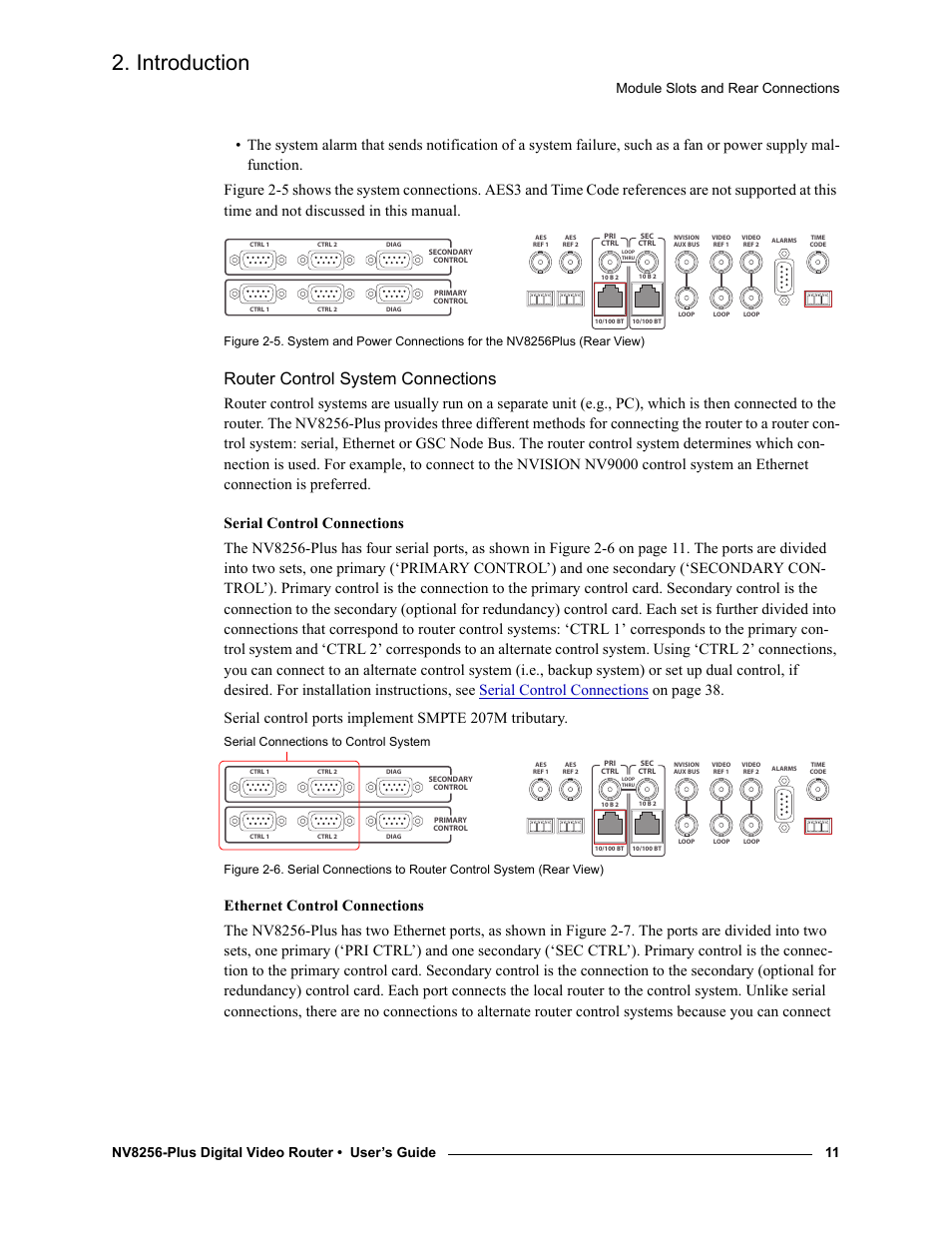 Router control system connections, Introduction, Module slots and rear connections | Serial connections to control system | Grass Valley NV8256-Plus v.1.2 User Manual | Page 21 / 90