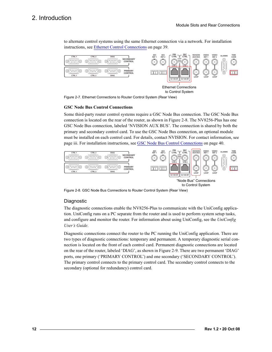 Diagnostic, Figure 2-7, Introduction | Module slots and rear connections, Ethernet connections to control system, Node bus” connections to control system | Grass Valley NV8256-Plus v.1.2 User Manual | Page 22 / 90