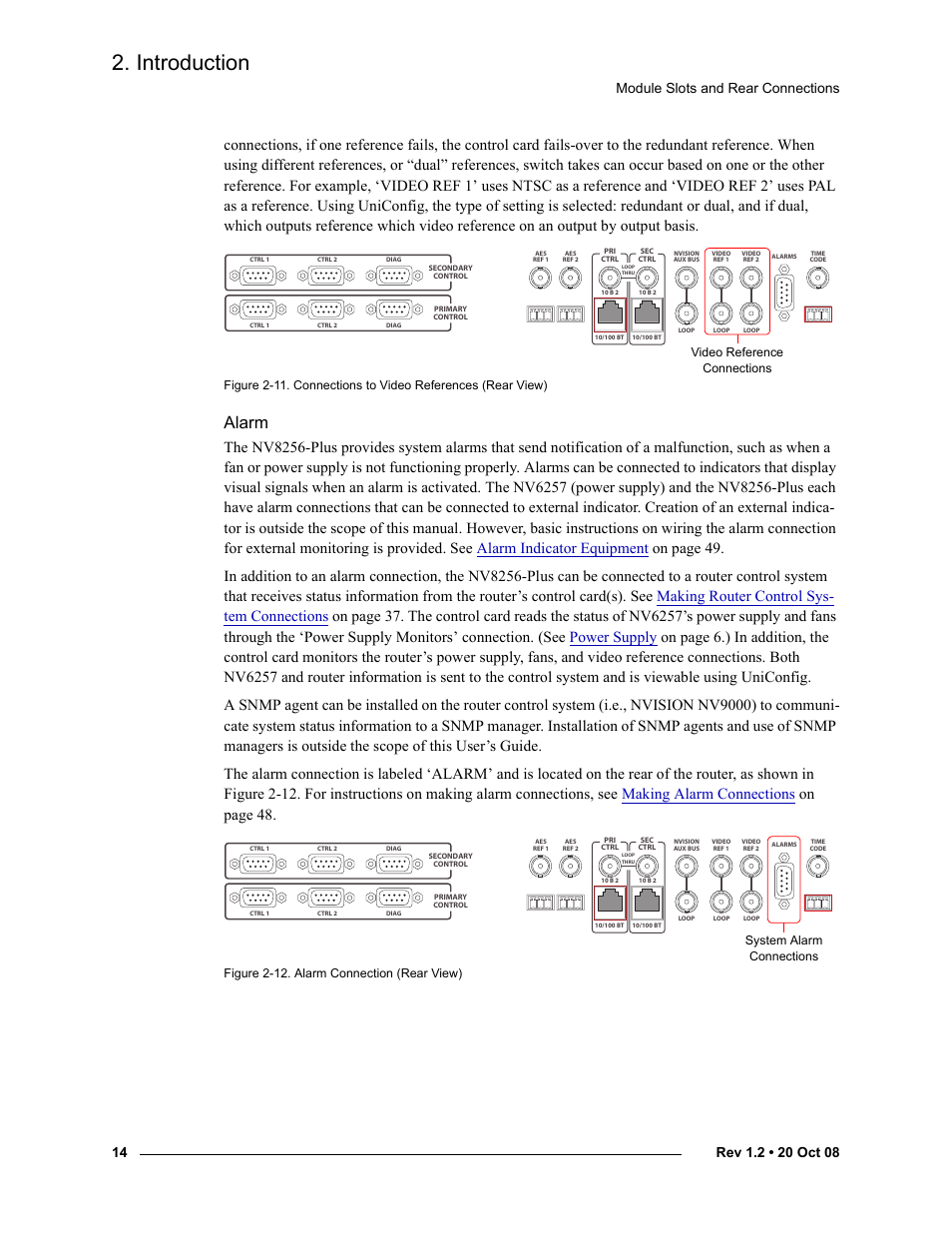 Alarm, N in figure 2-11, Introduction | Module slots and rear connections, Figure 2-12. alarm connection (rear view), Video reference connections, System alarm connections | Grass Valley NV8256-Plus v.1.2 User Manual | Page 24 / 90
