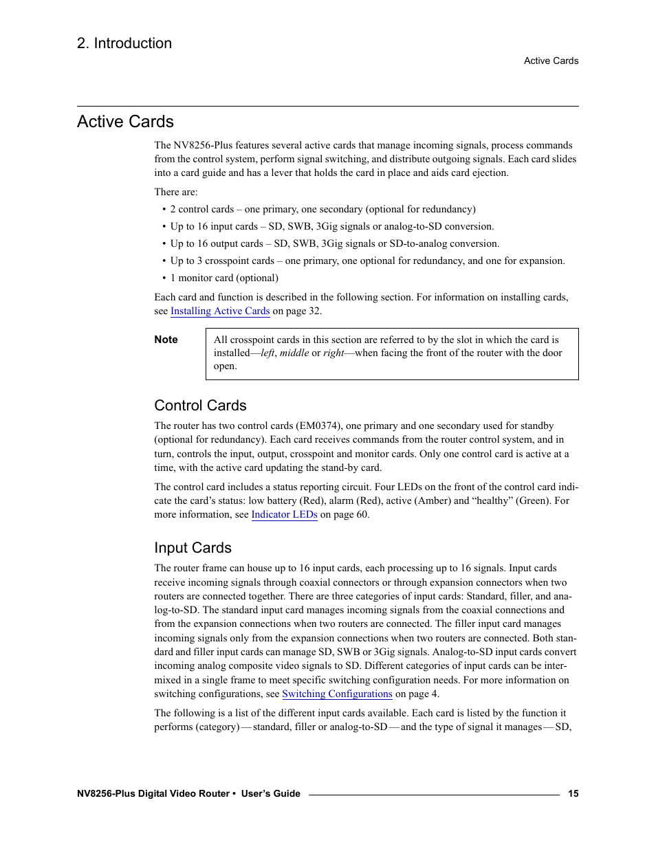 Active cards, Control cards, Input cards | Control cards input cards, Introduction | Grass Valley NV8256-Plus v.1.2 User Manual | Page 25 / 90