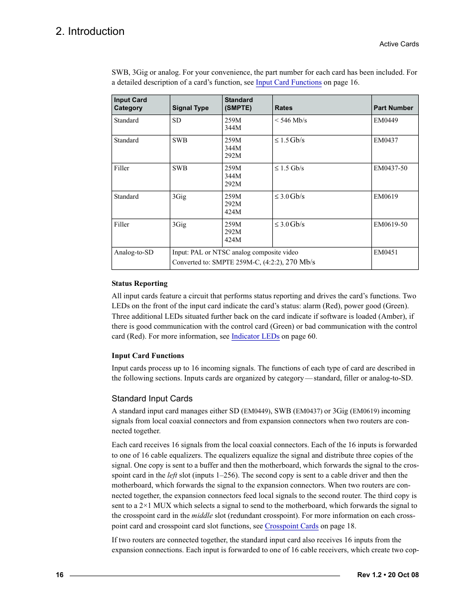 Standard input cards, Introduction | Grass Valley NV8256-Plus v.1.2 User Manual | Page 26 / 90