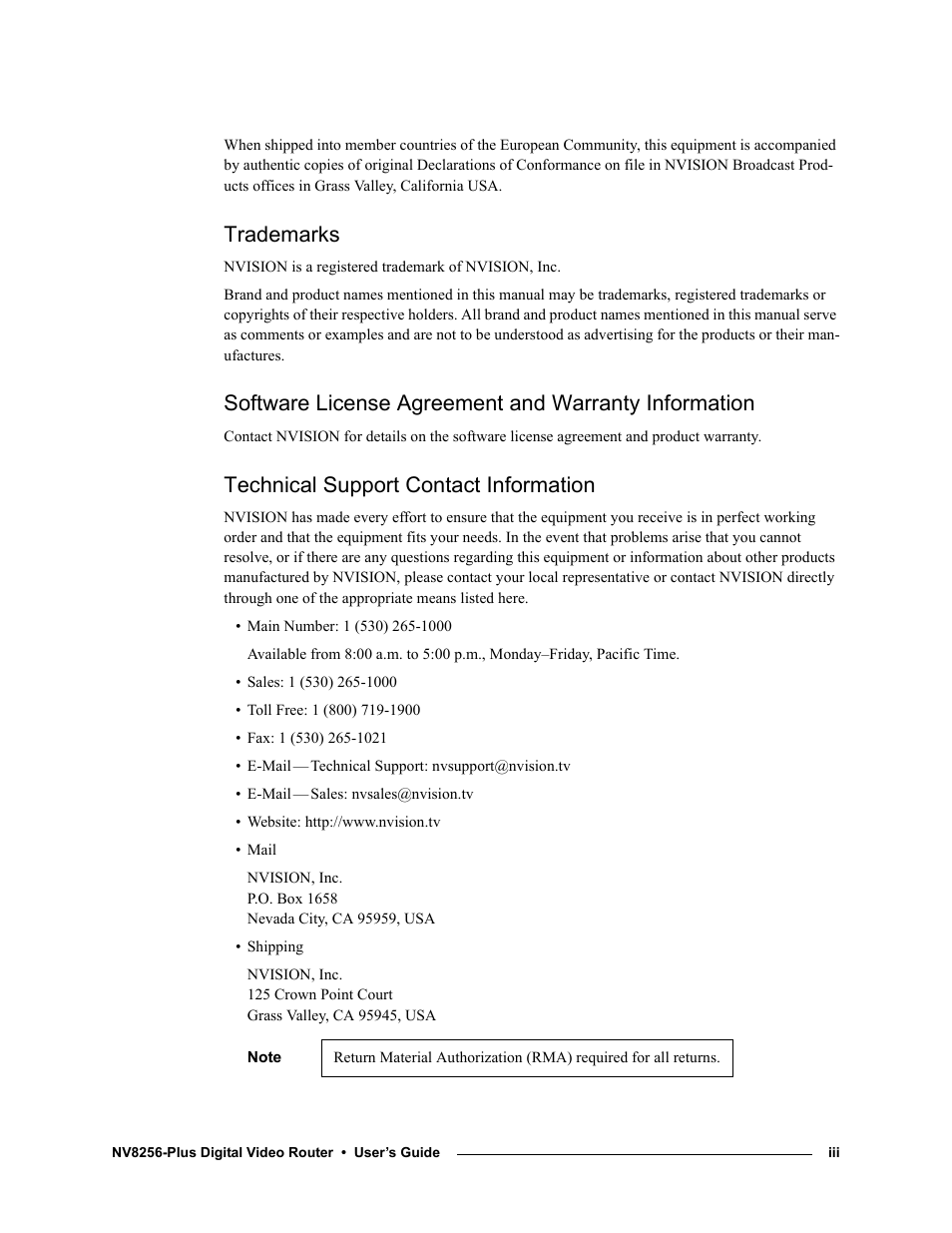 Trademarks, Technical support contact information | Grass Valley NV8256-Plus v.1.2 User Manual | Page 3 / 90