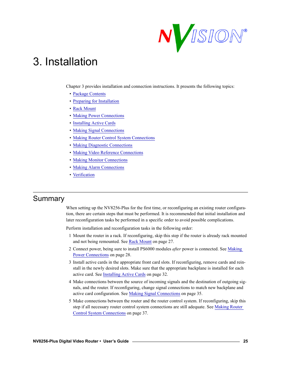Installation, Summary, Chapter 3 | Grass Valley NV8256-Plus v.1.2 User Manual | Page 35 / 90