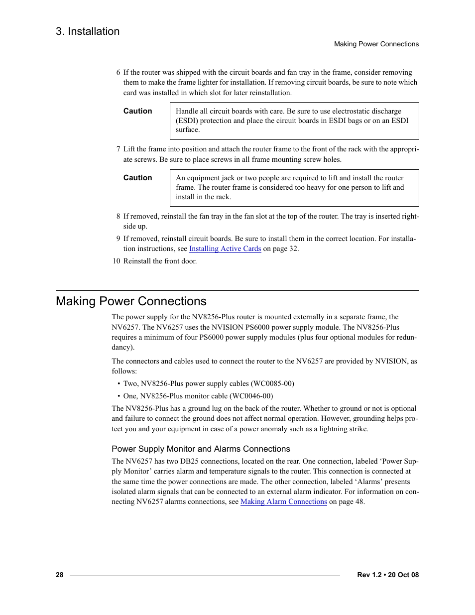 Making power connections, Power supply monitor and alarms connections, Making | Power connections, Installation | Grass Valley NV8256-Plus v.1.2 User Manual | Page 38 / 90