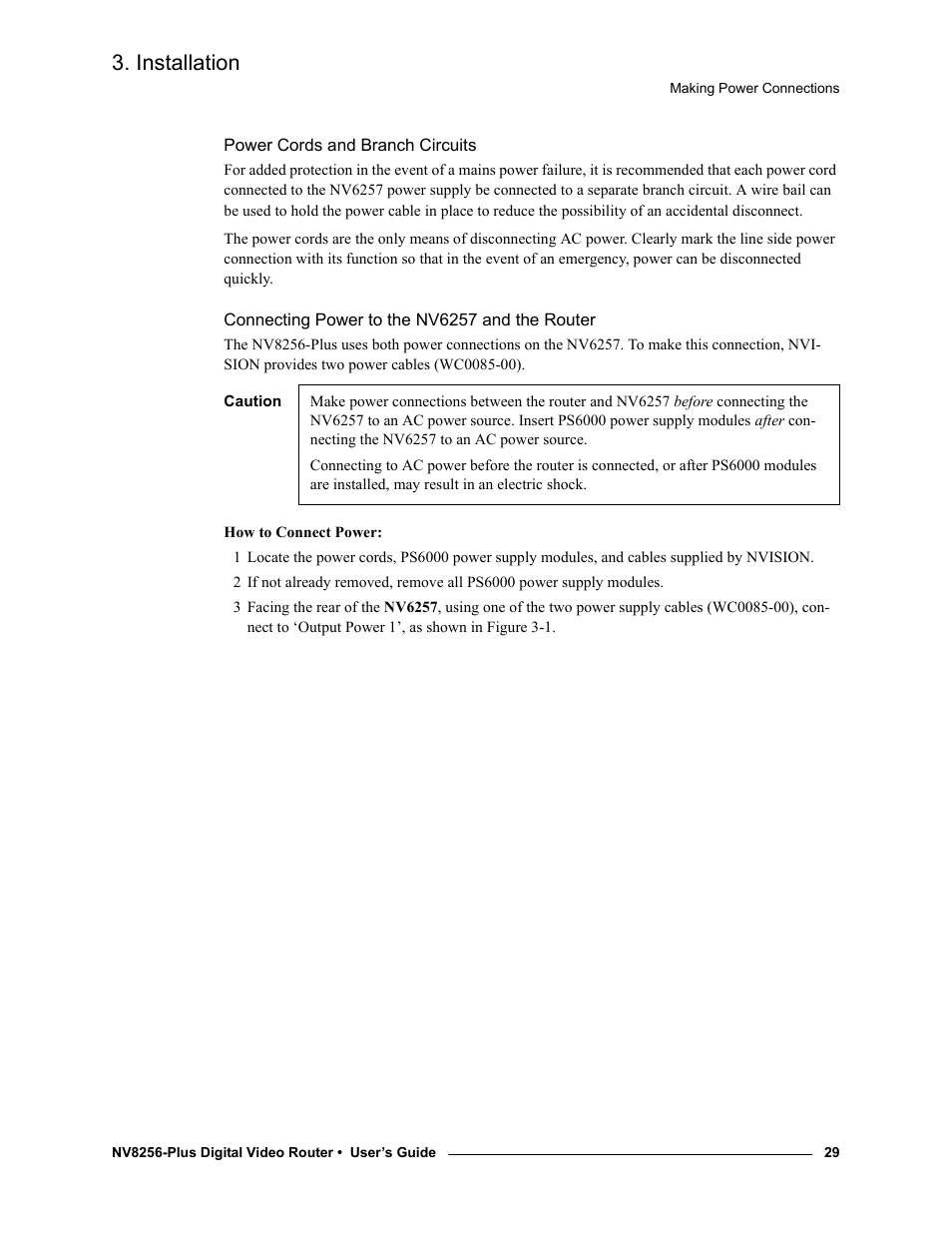 Power cords and branch circuits, Connecting power to the nv6257 and the router, R more information, see | Connecting power to the, Nv6257 and the router, Installation | Grass Valley NV8256-Plus v.1.2 User Manual | Page 39 / 90