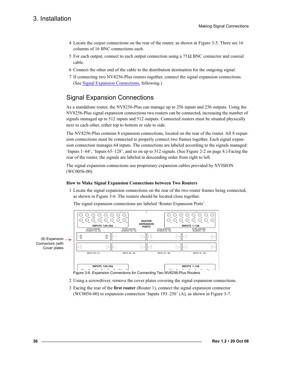 Signal expansion connections, Signal expansion, Connections | Installation, Making signal connections, 8) expansion connectors (with cover plates | Grass Valley NV8256-Plus v.1.2 User Manual | Page 46 / 90