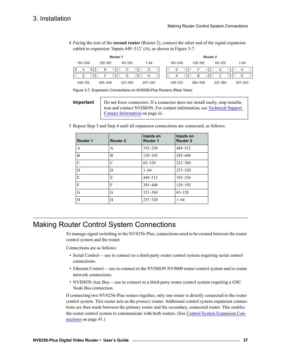 Making router control system connections, Ntrol card(s). see, Making router control sys | Tem connections, Making router, Control system connections, Figure 3-7, Installation | Grass Valley NV8256-Plus v.1.2 User Manual | Page 47 / 90