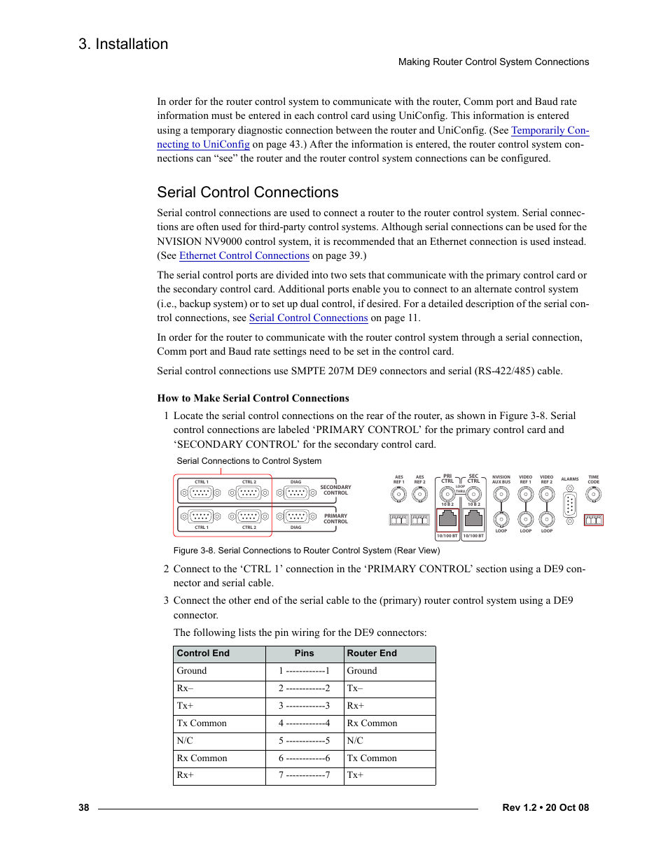 Serial control connections, Installation | Grass Valley NV8256-Plus v.1.2 User Manual | Page 48 / 90
