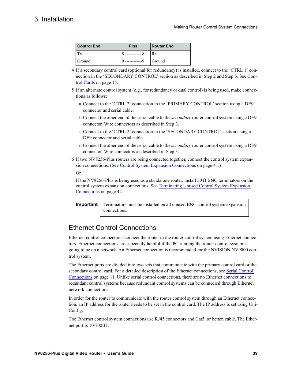 Ethernet control connections, Installation | Grass Valley NV8256-Plus v.1.2 User Manual | Page 49 / 90