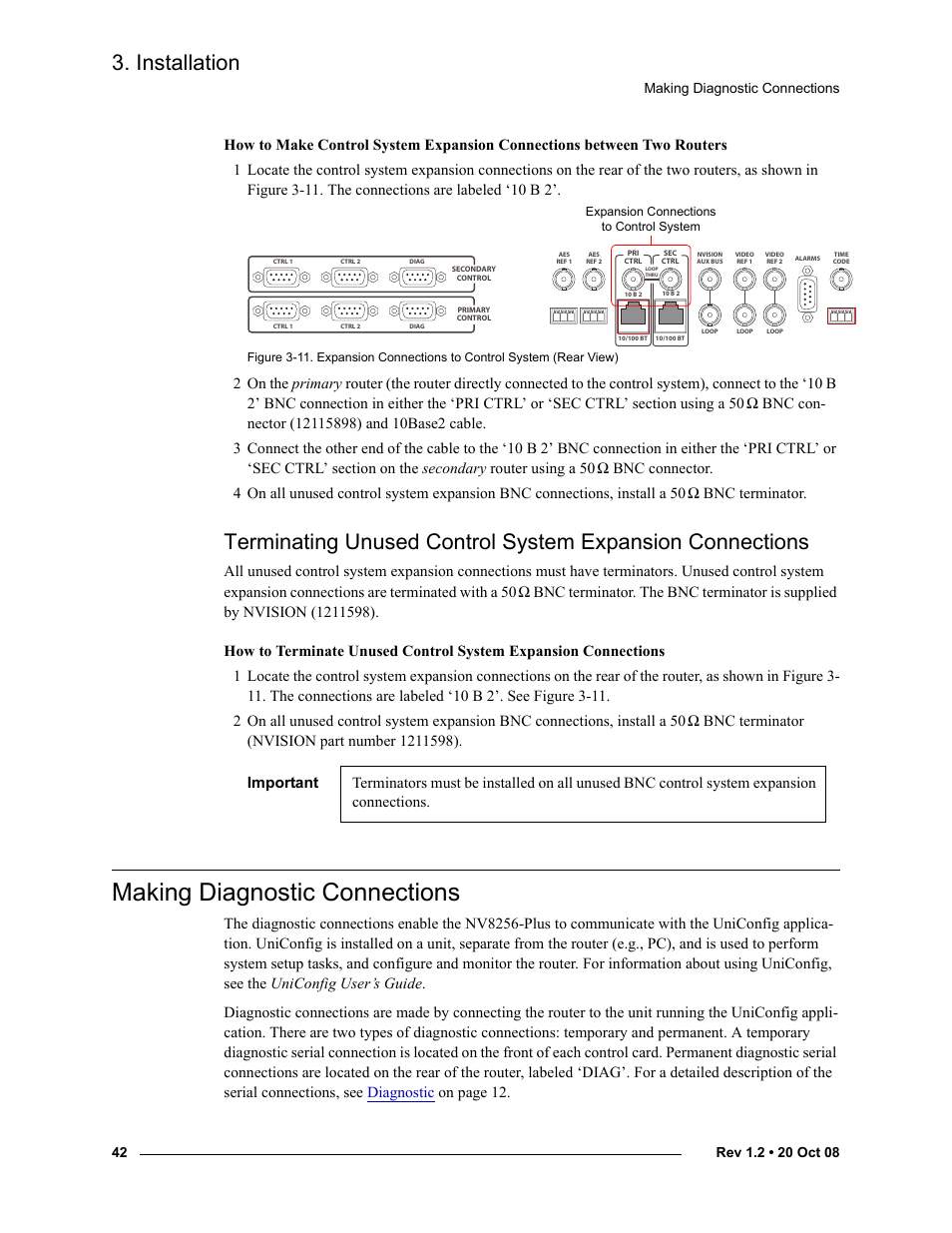 Making diagnostic connections, Making diagnostic, Connections | Reconfigured. see, Terminating unused control system expansion, Installation, Ω bnc terminator | Grass Valley NV8256-Plus v.1.2 User Manual | Page 52 / 90