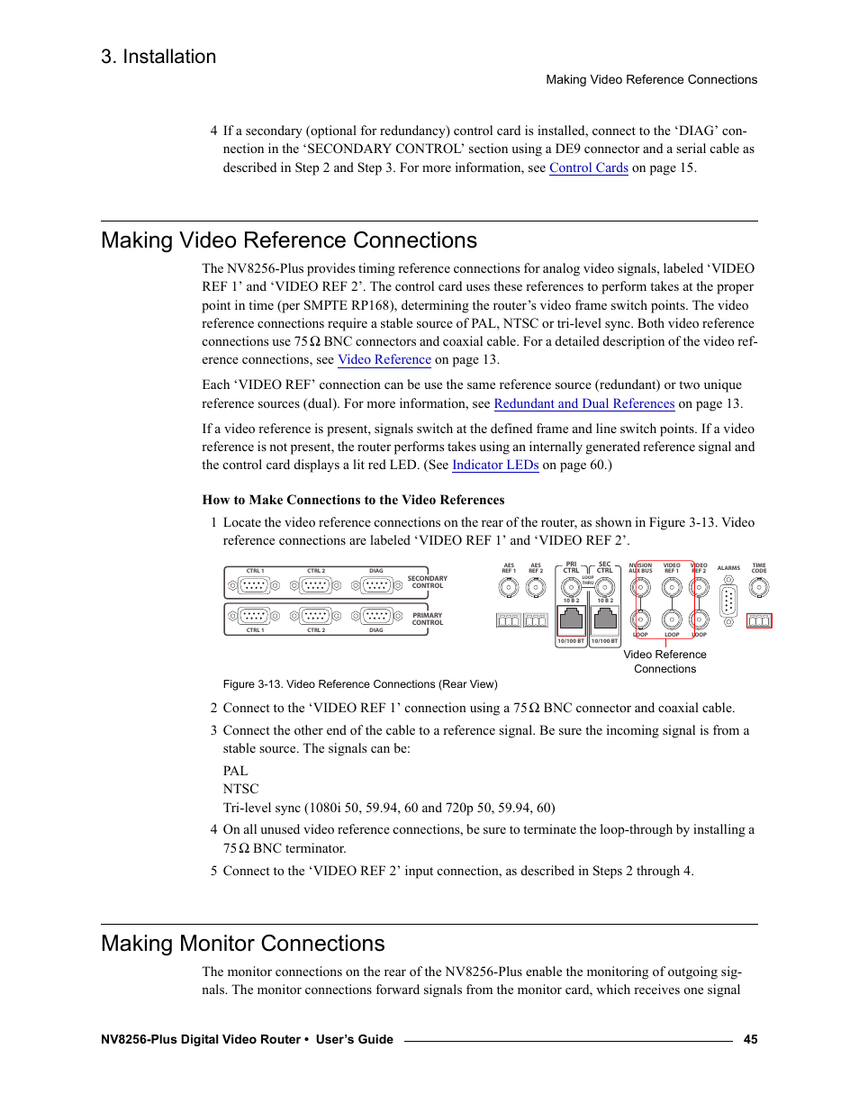 Making video reference connections, Making monitor connections, Making video reference | Connections, Making monitor connec, Tions, Making video ref, Erence connections, Making mon, Itor connections | Grass Valley NV8256-Plus v.1.2 User Manual | Page 55 / 90