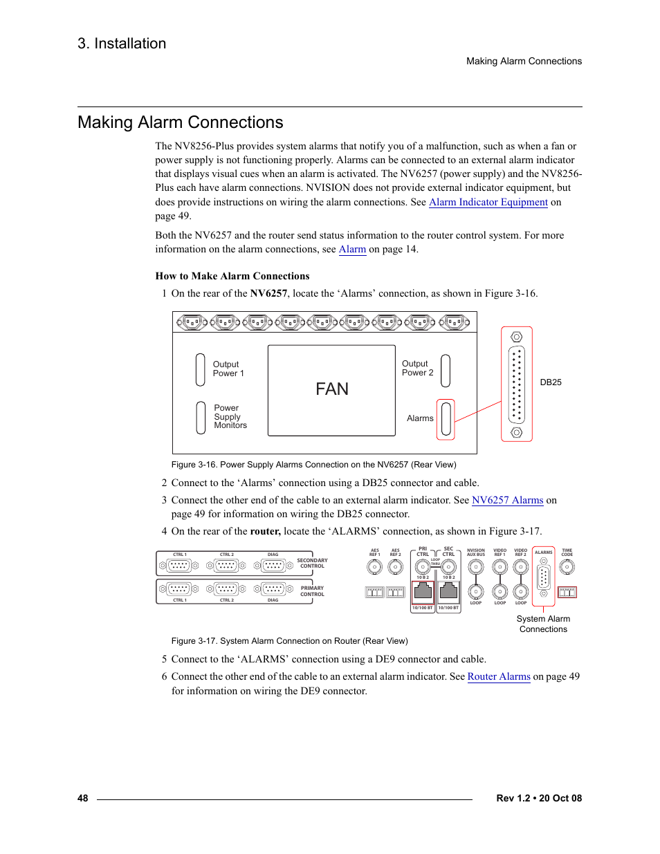 Making alarm connections, Connections, see, Installation | Grass Valley NV8256-Plus v.1.2 User Manual | Page 58 / 90