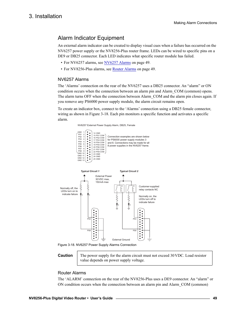 Alarm indicator equipment, Nv6257 alarms, Router alarms | Nv6257 alarms router alarms, Installation, Making alarm connections | Grass Valley NV8256-Plus v.1.2 User Manual | Page 59 / 90