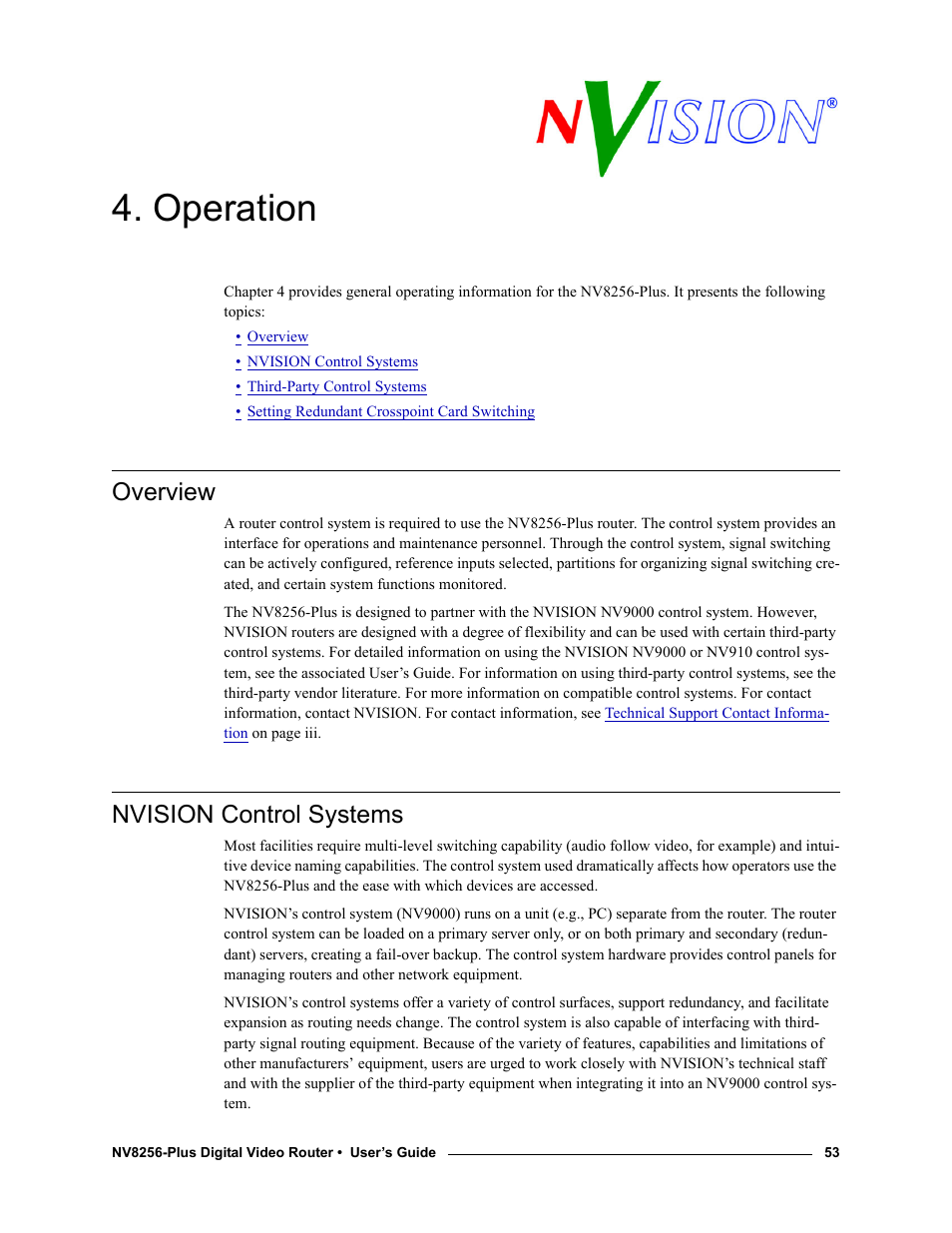 Operation, Overview, Nvision control systems | Chapter 4, Overview nvision control systems | Grass Valley NV8256-Plus v.1.2 User Manual | Page 63 / 90