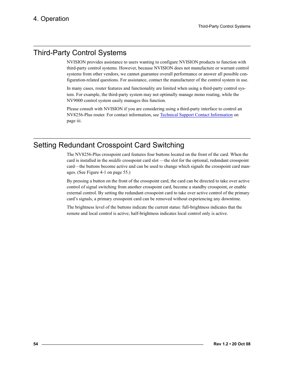 Third-party control systems, Setting redundant crosspoint card switching, Setting | Redundant crosspoint card switching, Operation | Grass Valley NV8256-Plus v.1.2 User Manual | Page 64 / 90