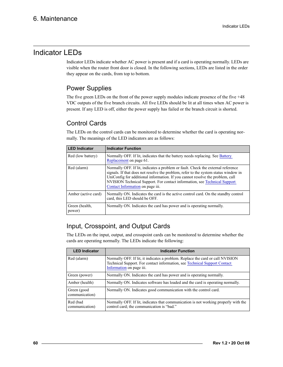 Indicator leds, Power supplies, Control cards | Input, crosspoint, and output cards, Dicating a “healthy” system. see, Maintenance | Grass Valley NV8256-Plus v.1.2 User Manual | Page 70 / 90