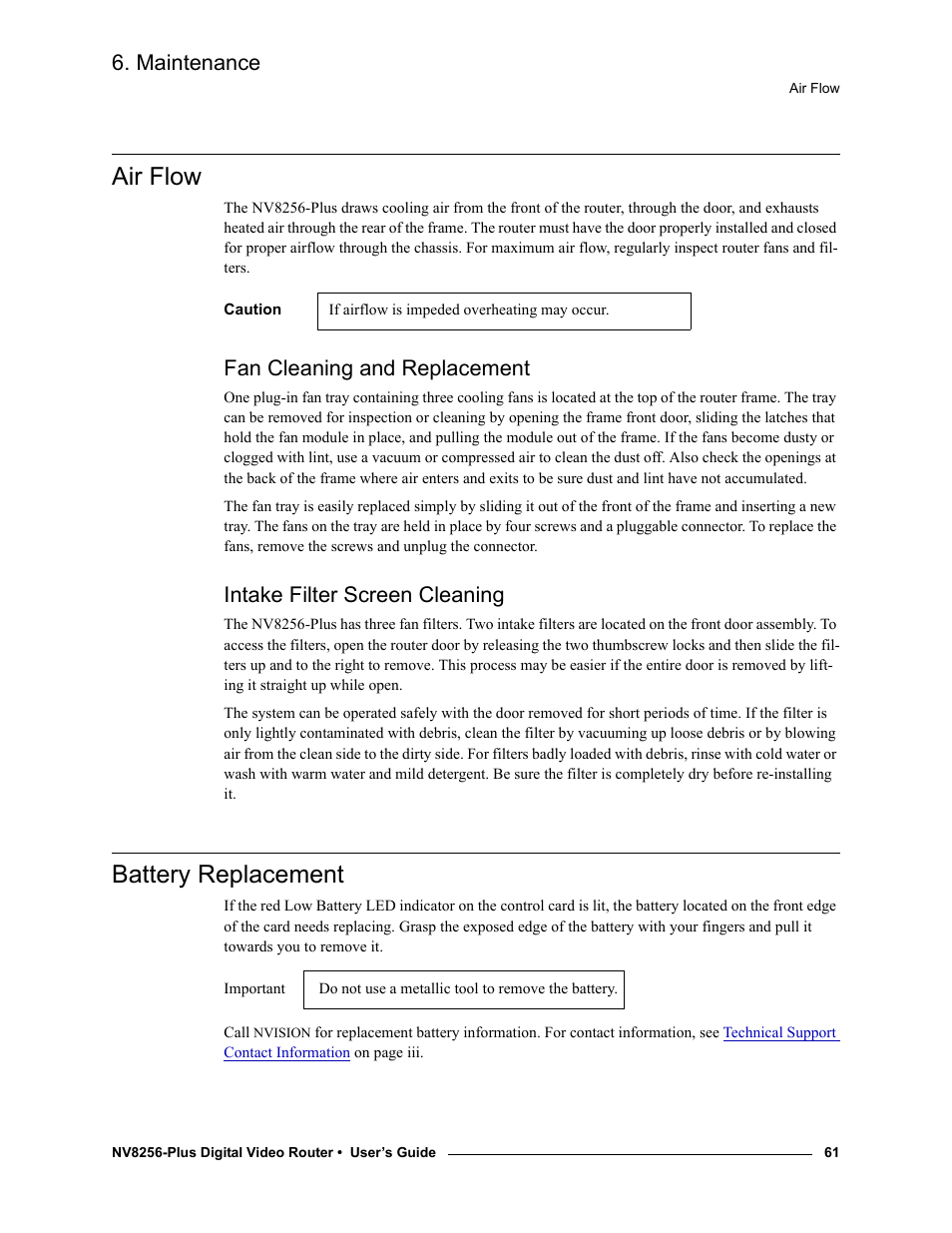 Air flow, Fan cleaning and replacement, Intake filter screen cleaning | Battery replacement, Ion, see, Battery, Replacement, Maintenance | Grass Valley NV8256-Plus v.1.2 User Manual | Page 71 / 90
