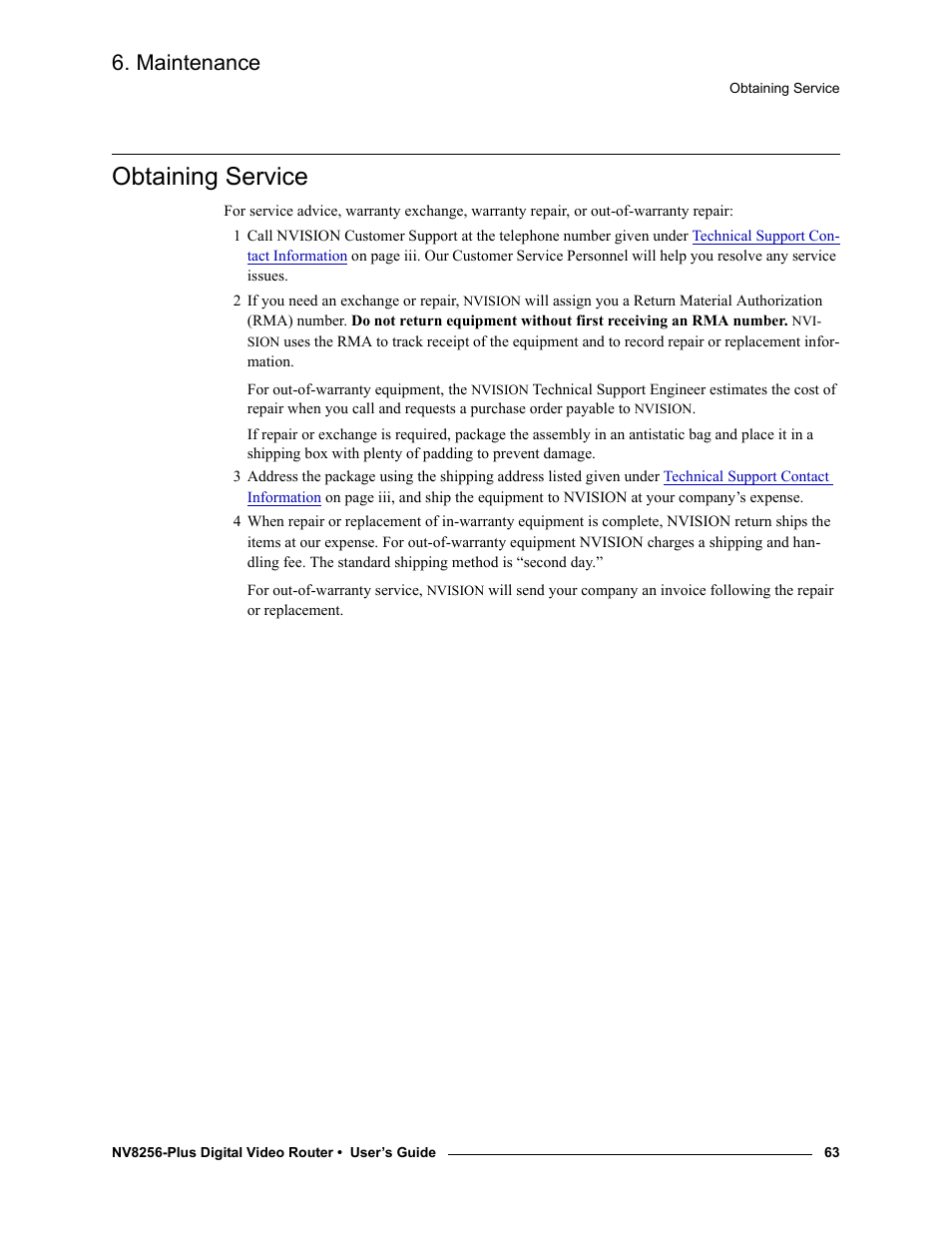 Obtaining service, Maintenance | Grass Valley NV8256-Plus v.1.2 User Manual | Page 73 / 90