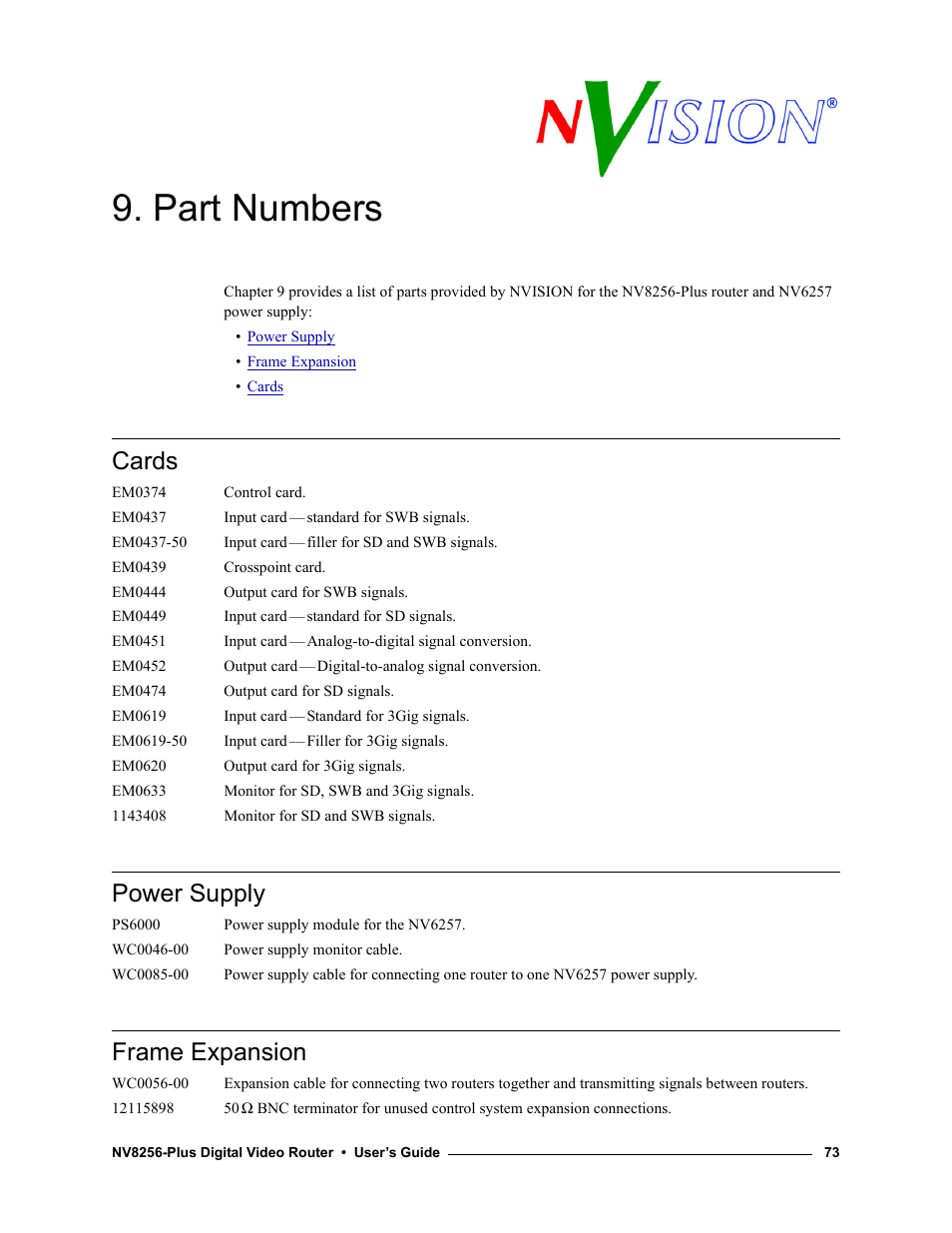 Part numbers, Cards, Power supply | Frame expansion, Chapter 9, Cards power supply frame expansion, Appendix 9 | Grass Valley NV8256-Plus v.1.2 User Manual | Page 83 / 90
