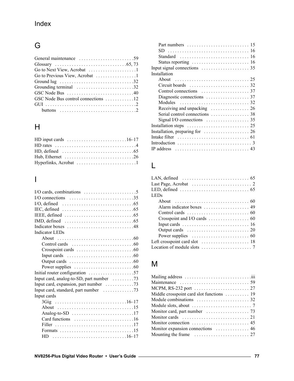 Index | Grass Valley NV8256-Plus v.1.2 User Manual | Page 87 / 90