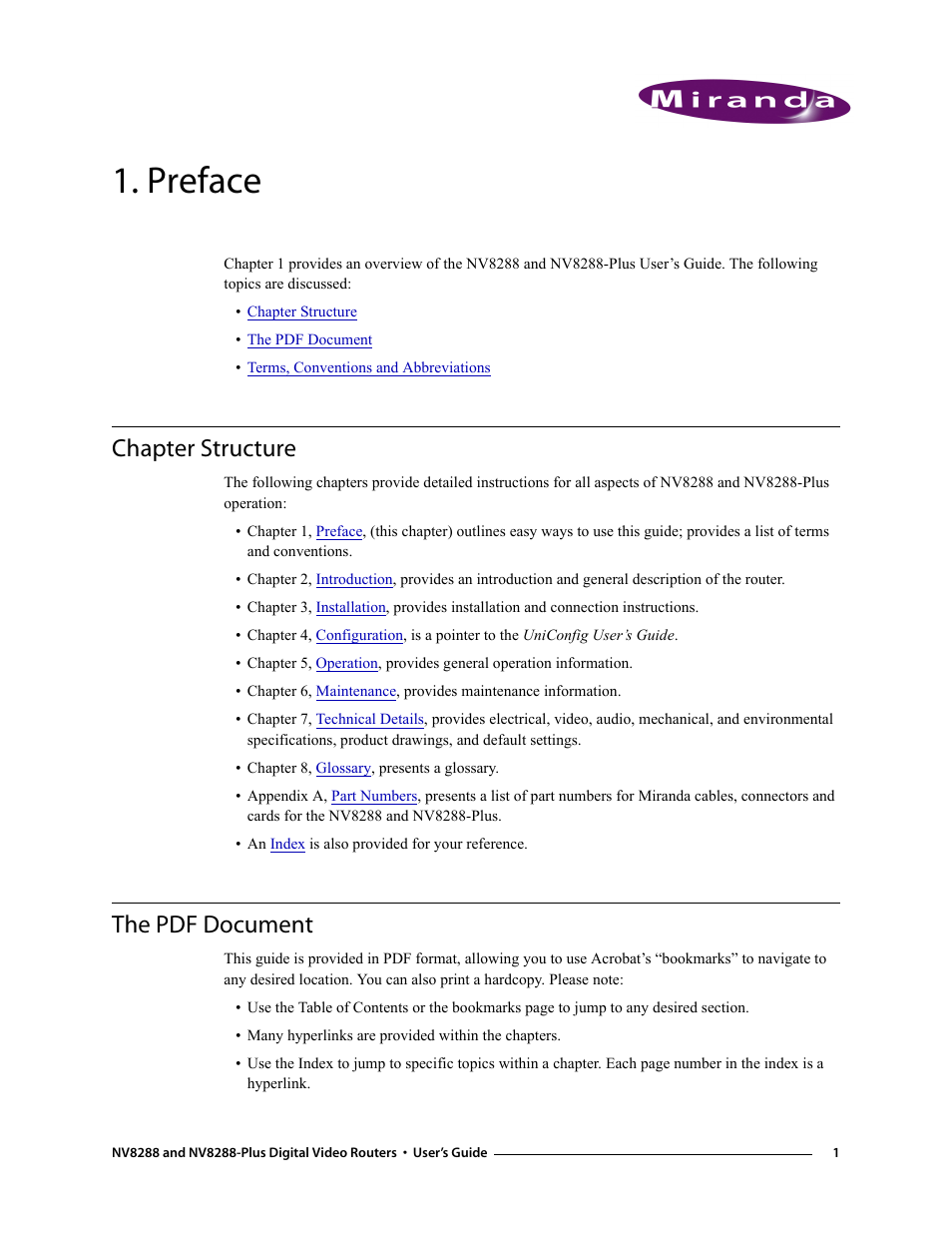 Preface, Chapter structure, The pdf document | Chapter 1, Chapter structure the pdf document | Grass Valley NV8288 v.1.5 User Manual | Page 11 / 88
