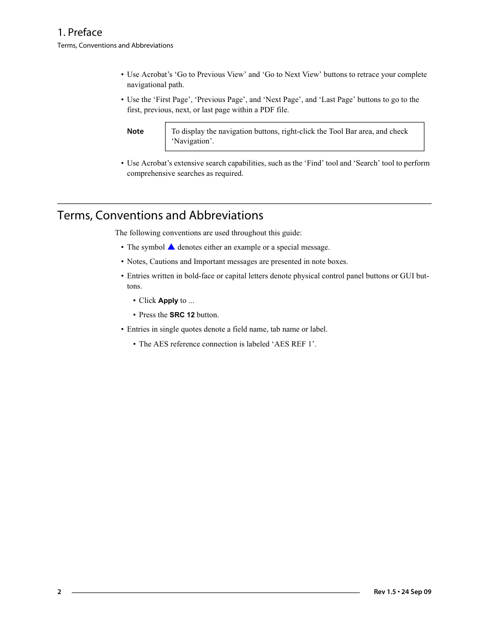 Terms, conventions and abbreviations, Preface | Grass Valley NV8288 v.1.5 User Manual | Page 12 / 88