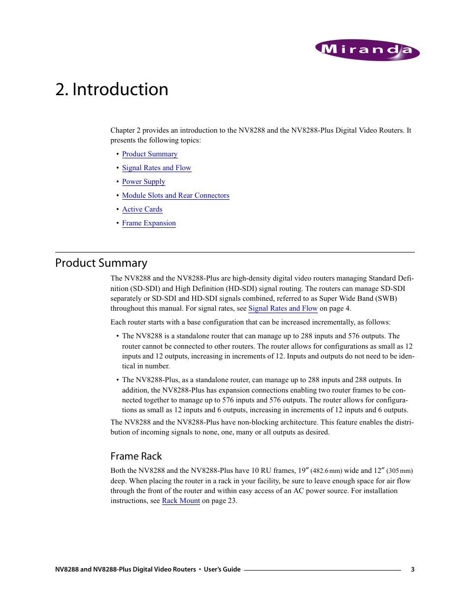 Introduction, Product summary, Frame rack | Chapter 2 | Grass Valley NV8288 v.1.5 User Manual | Page 13 / 88