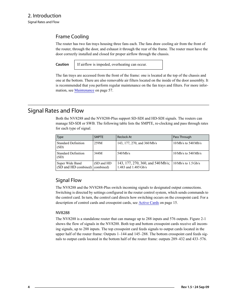 Frame cooling, Signal rates and flow, Signal flow | Nv8288, Rates, see, Introduction | Grass Valley NV8288 v.1.5 User Manual | Page 14 / 88