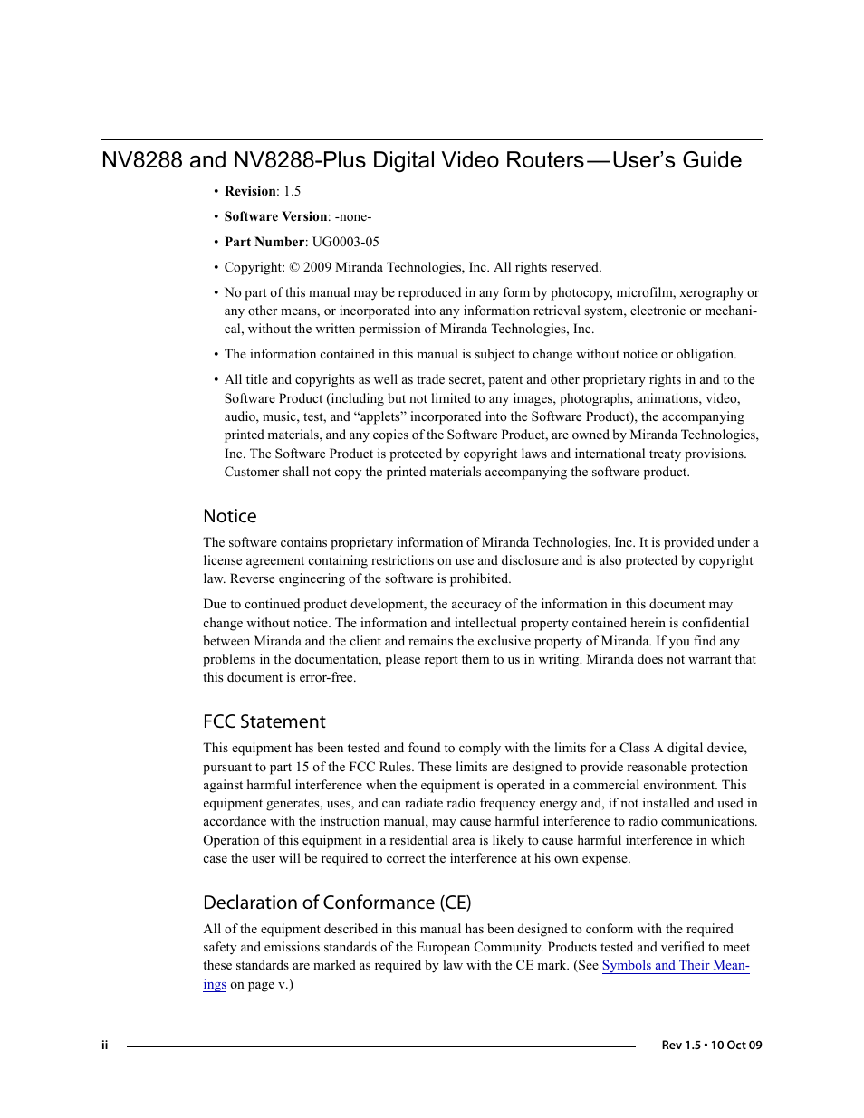 User’s guide, Notice, Fcc statement | Declaration of conformance (ce) | Grass Valley NV8288 v.1.5 User Manual | Page 2 / 88