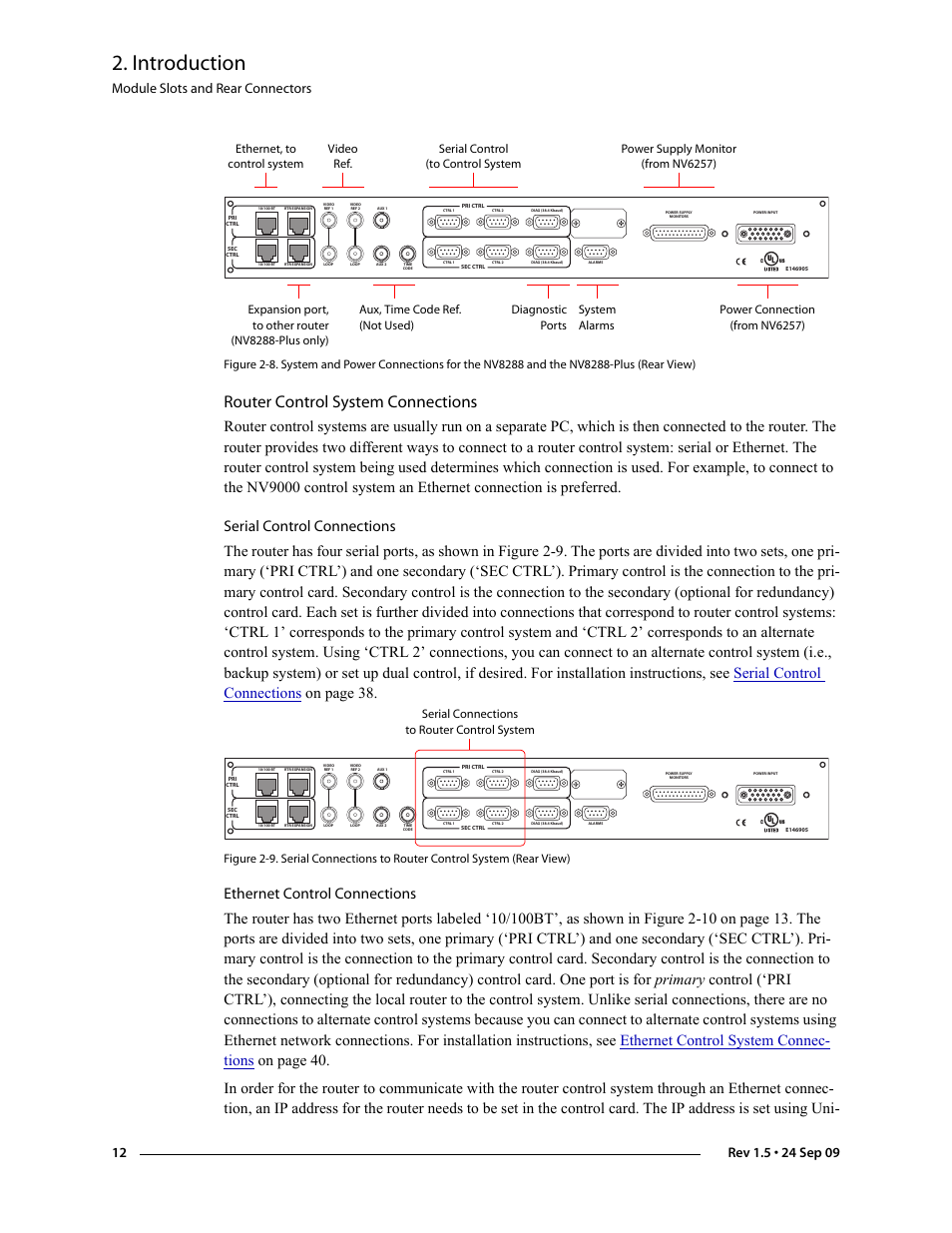 Router control system connections, Introduction, Module slots and rear connectors | Serial connections to router control system | Grass Valley NV8288 v.1.5 User Manual | Page 22 / 88