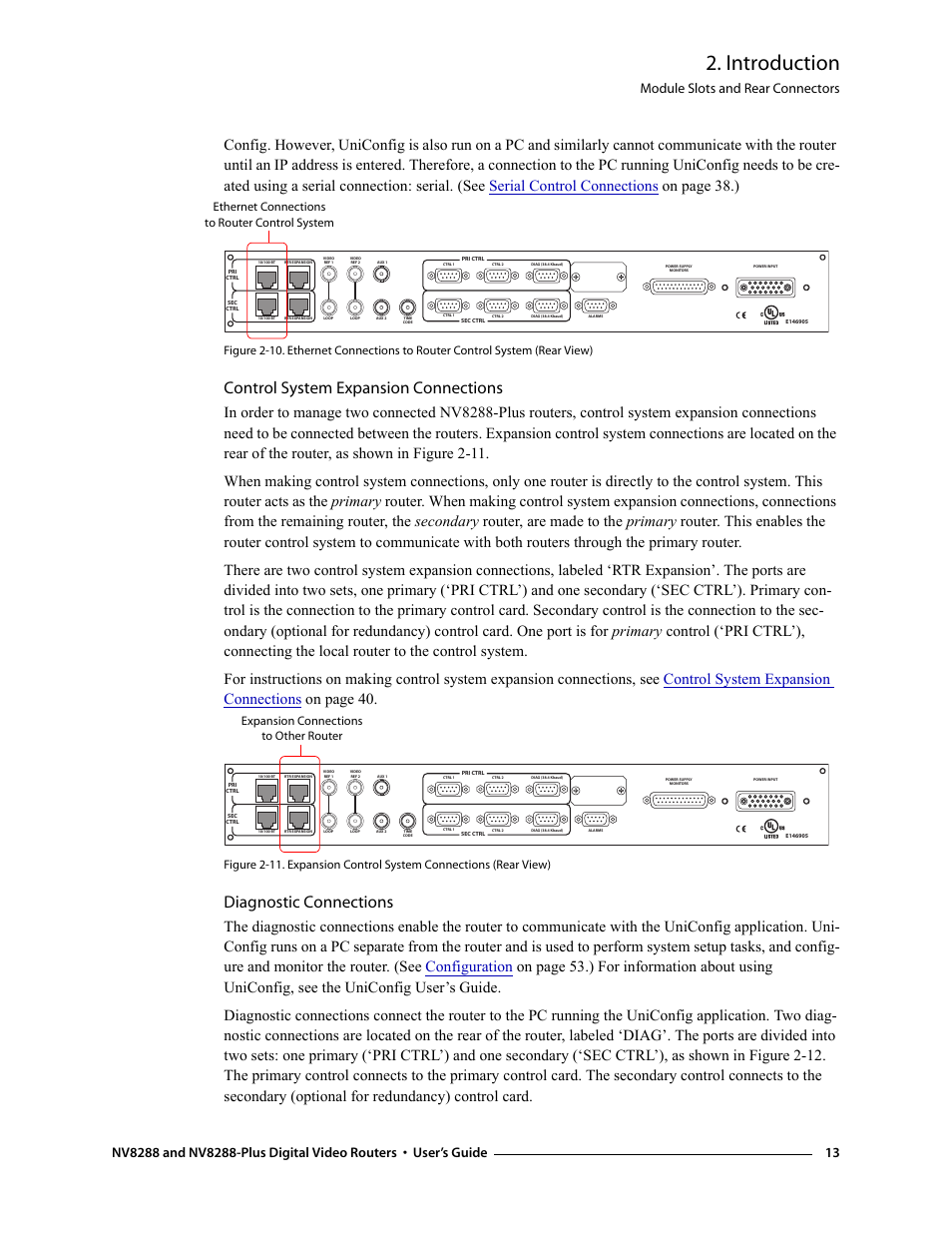 Control system expansion connections, Diagnostic connections, Introduction | Module slots and rear connectors, Ethernet connections to router control system, Expansion connections to other router | Grass Valley NV8288 v.1.5 User Manual | Page 23 / 88