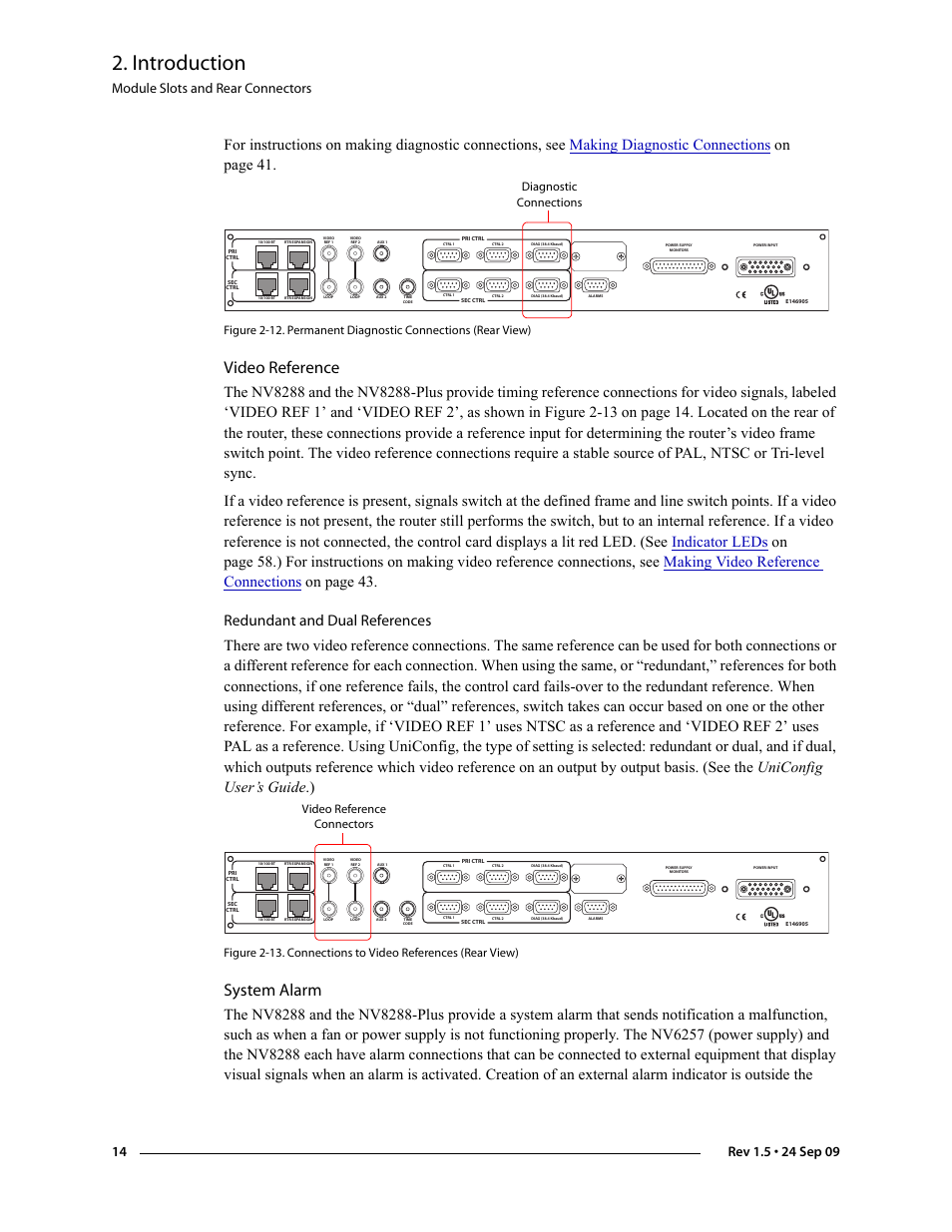 Video reference, System alarm, Video reference system alarm | Figure 2-12, Introduction, Module slots and rear connectors, Diagnostic connections, Video reference connectors | Grass Valley NV8288 v.1.5 User Manual | Page 24 / 88