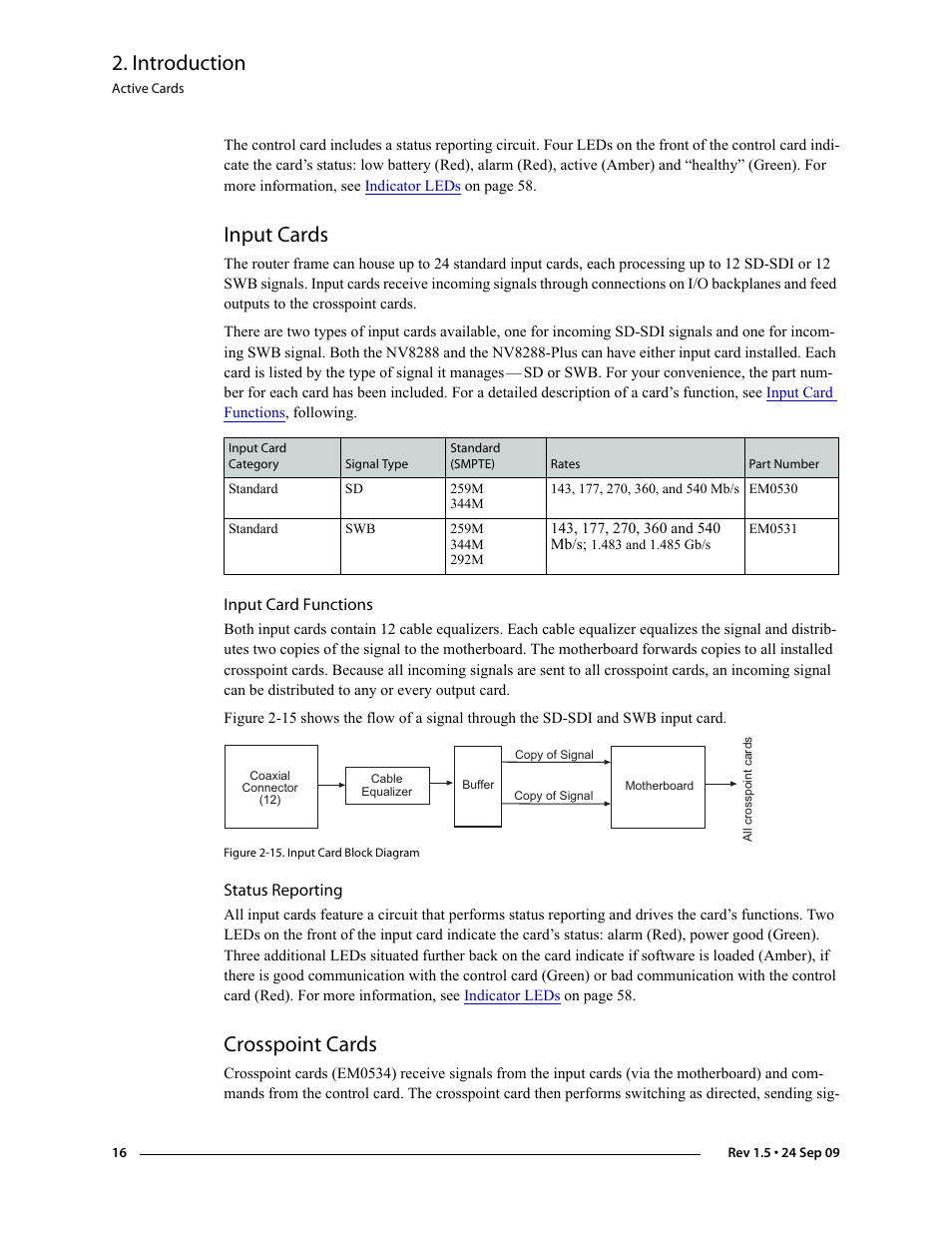 Input cards, Input card functions, Status reporting | Crosspoint cards, Input card functions status reporting, Introduction | Grass Valley NV8288 v.1.5 User Manual | Page 26 / 88